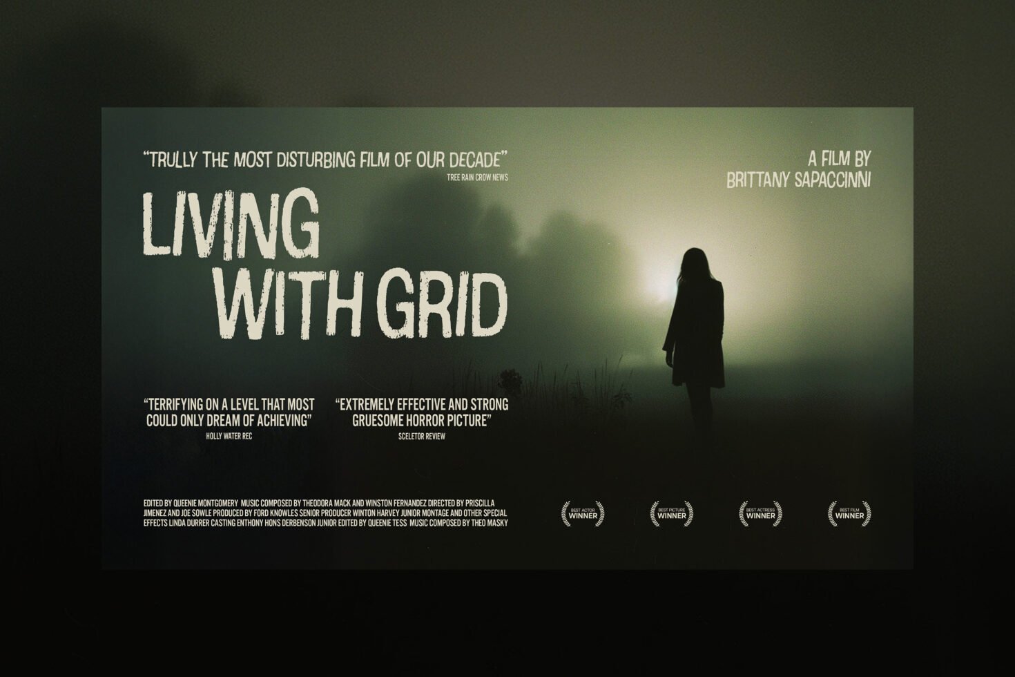 Silhouette of a person in foggy landscape, eerie horror movie poster design, featuring bold typography. Ideal for designers seeking creative inspiration.