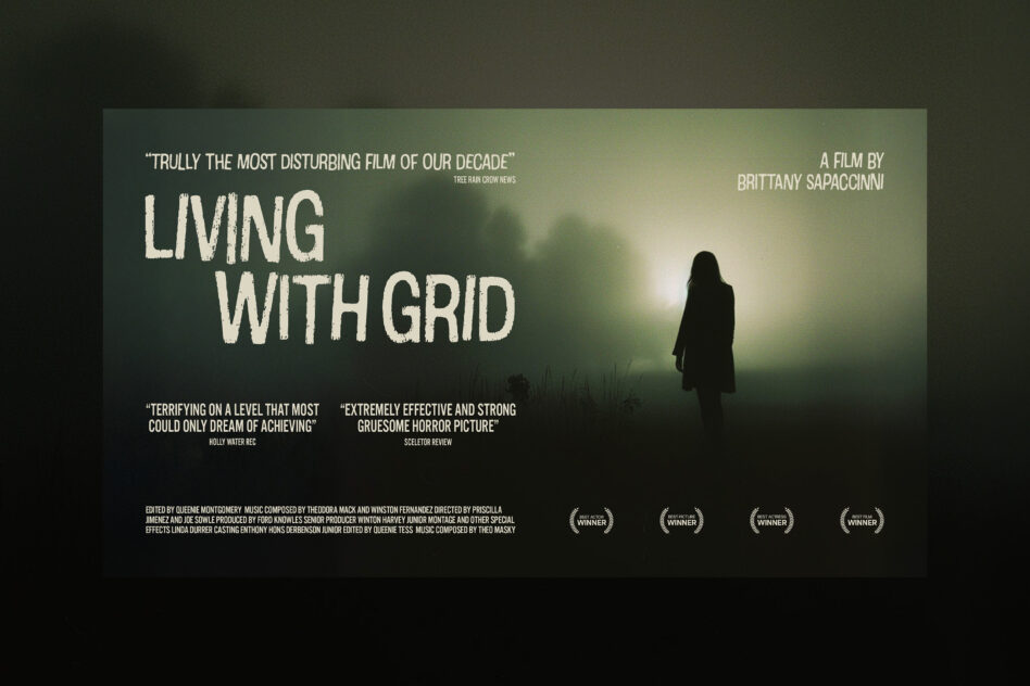 Single cinematic poster with lone figure in fog, cream typeface, quote text, four winner badges