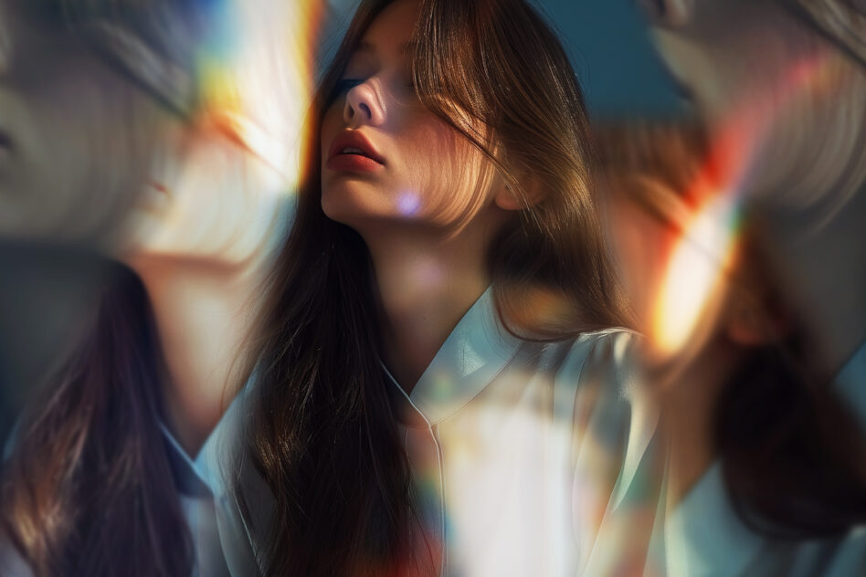 Artistic portrait of a woman with prismatic light reflections ideal for graphics and design projects unique textures visual effects creative backgrounds.