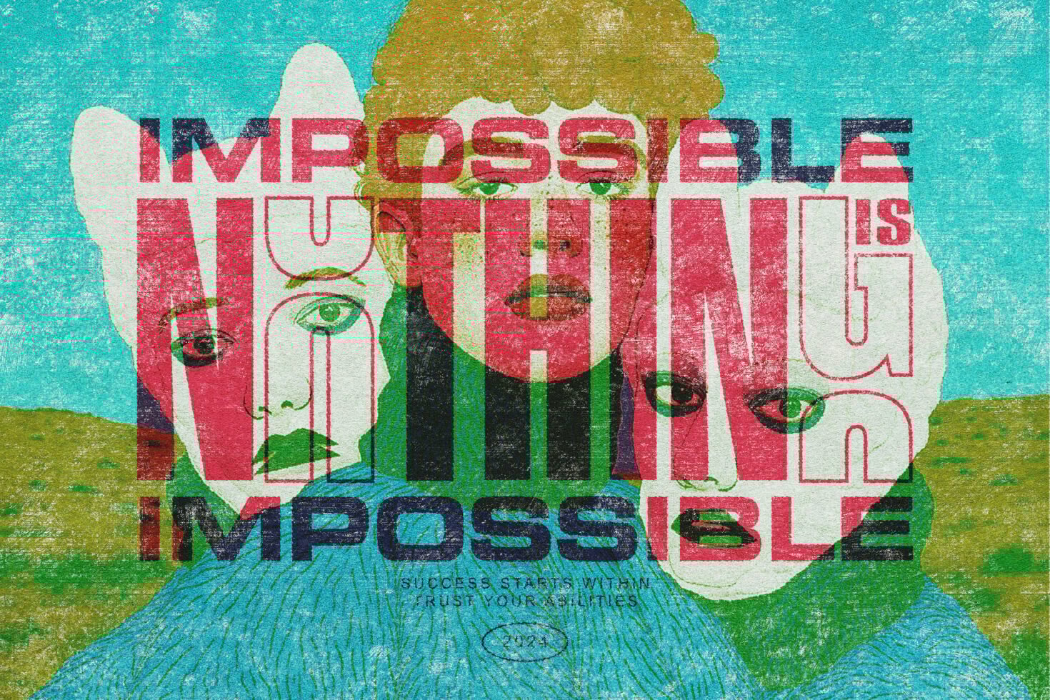 Colorful abstract illustration of three faces with bold overlapping text saying Impossible is Nothing. Textured design suitable for digital art graphics.