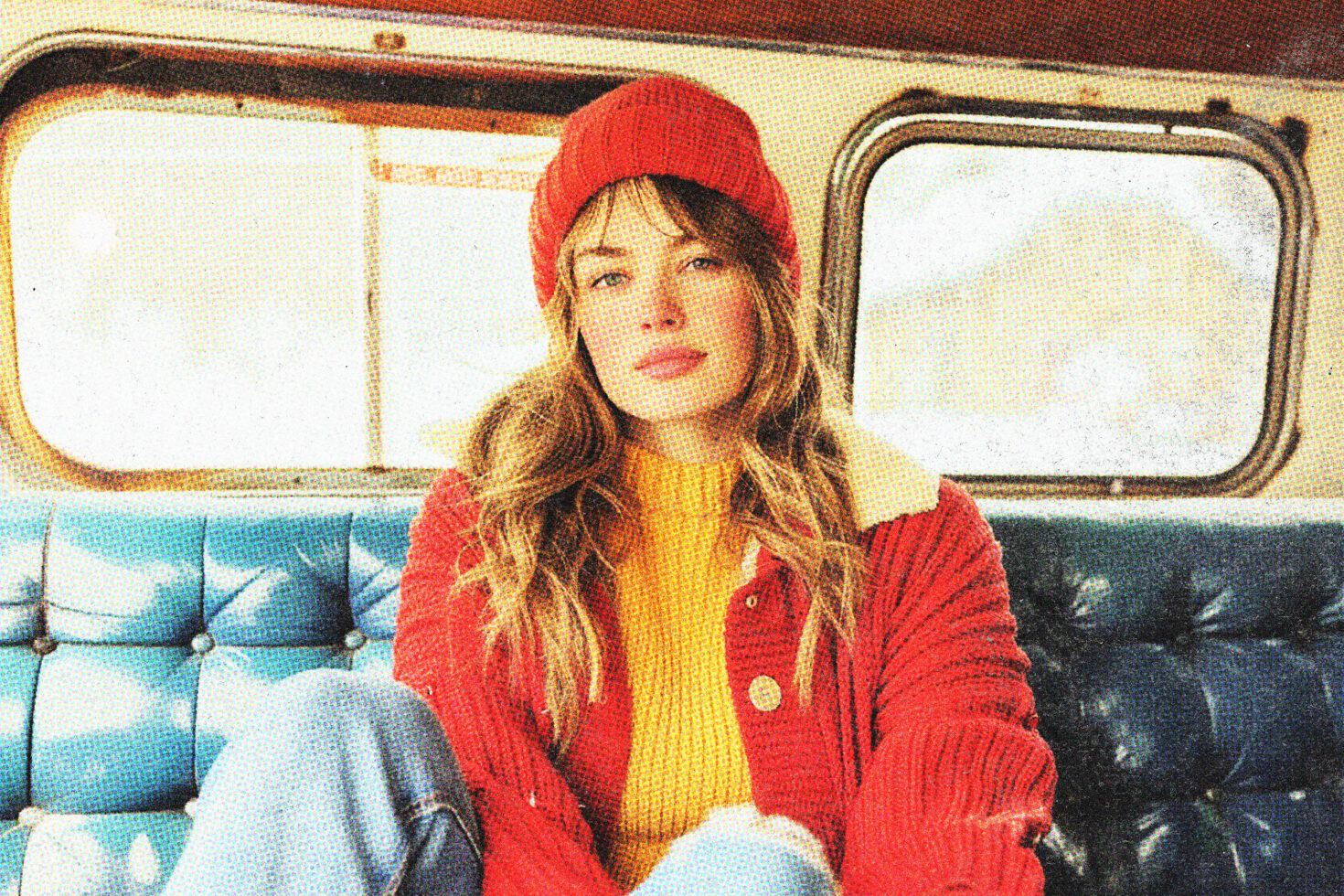 Vintage-inspired graphic of a woman in red jacket yellow sweater blue jeans sitting on blue tufted sofa in a retro setting Photography asset for designers