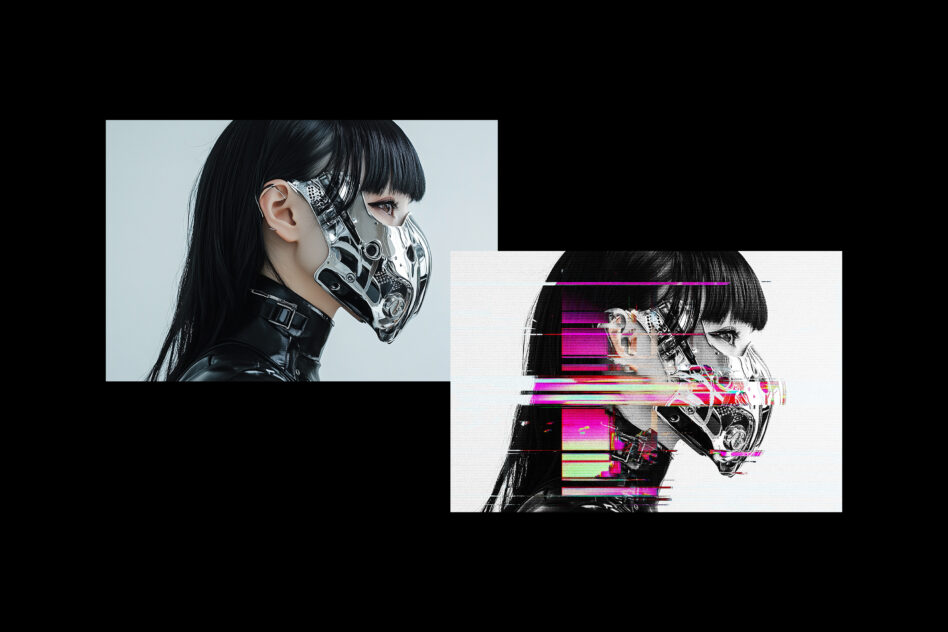 Woman with futuristic chrome mask split composition with glitch overlay effect