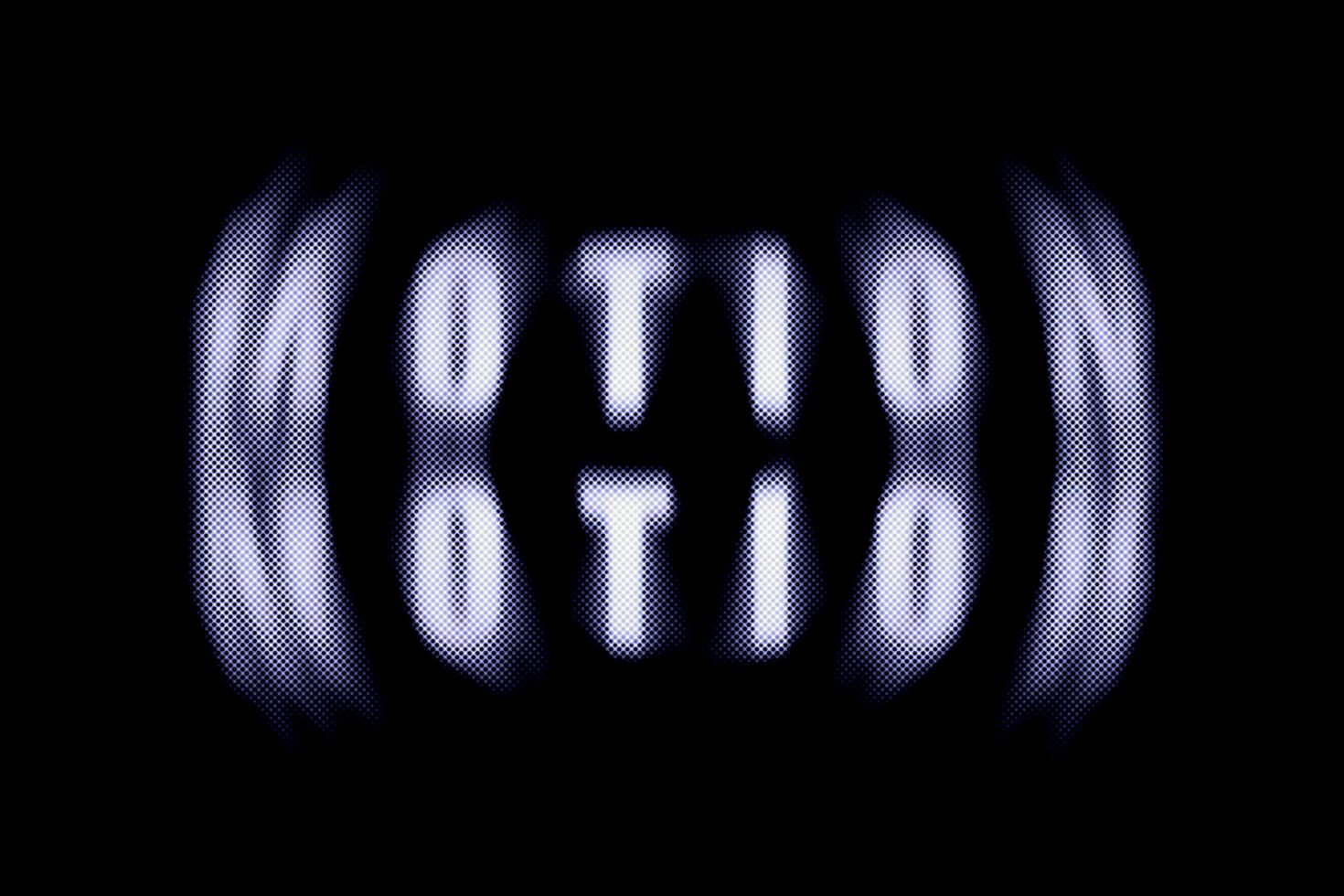 Dynamic motion text graphic with halftone effect for designers. Suitable for digital assets in templates and graphics. High contrast visual design.