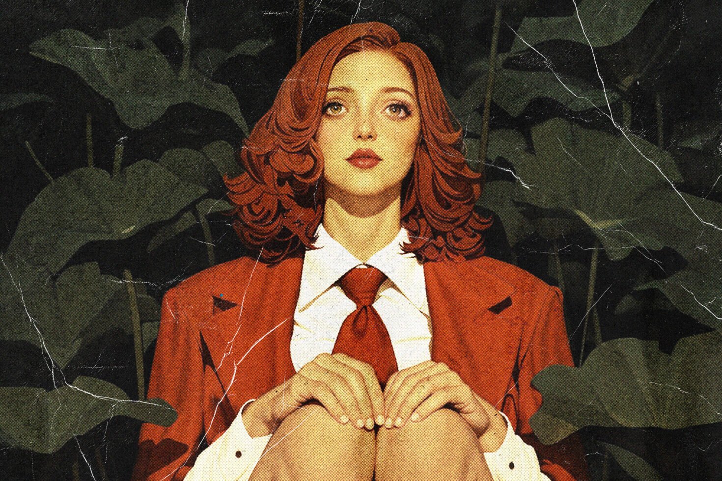 Vintage illustration of a woman with red hair and suit, sitting against lush green leaves. Perfect for graphics, digital assets, retro fashion design.