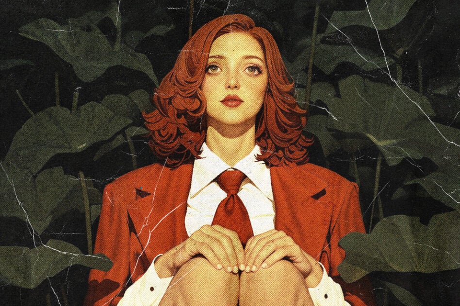 Woman with copper waves in rust blazer against dark leafy background, vintage collage style