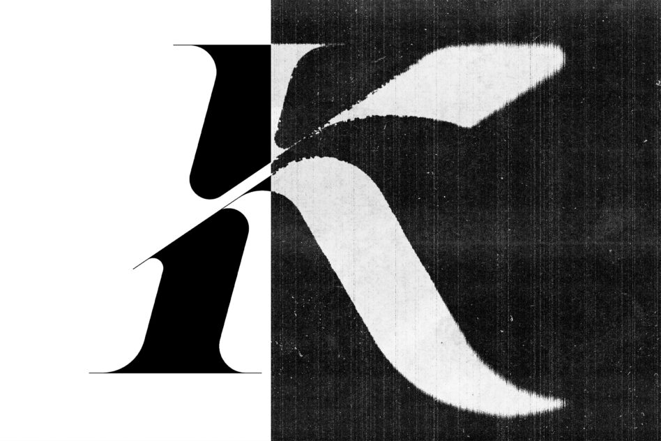 Split serif italic letterforms on distressed dark surface with grain texture