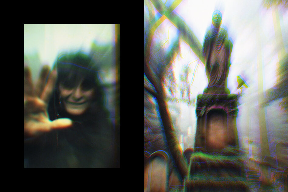 Surreal ghostly image split in two: a person with outstretched hand and misty cemetery statue scene. Eerie atmosphere perfect for horror graphics designs.