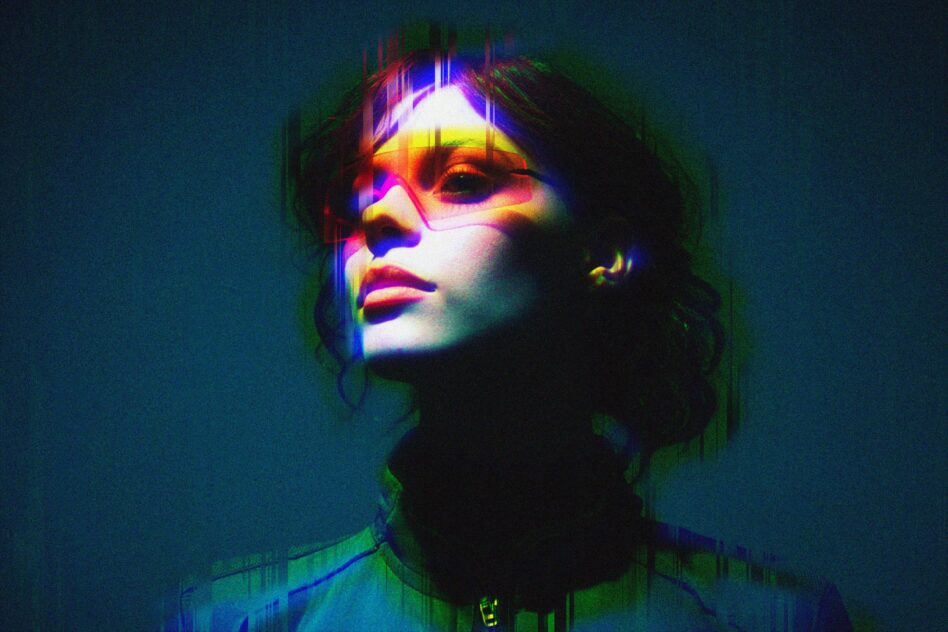 Portrait with vibrant neon glitch effect overlaying face, rainbow color shifts, scan lines distortion