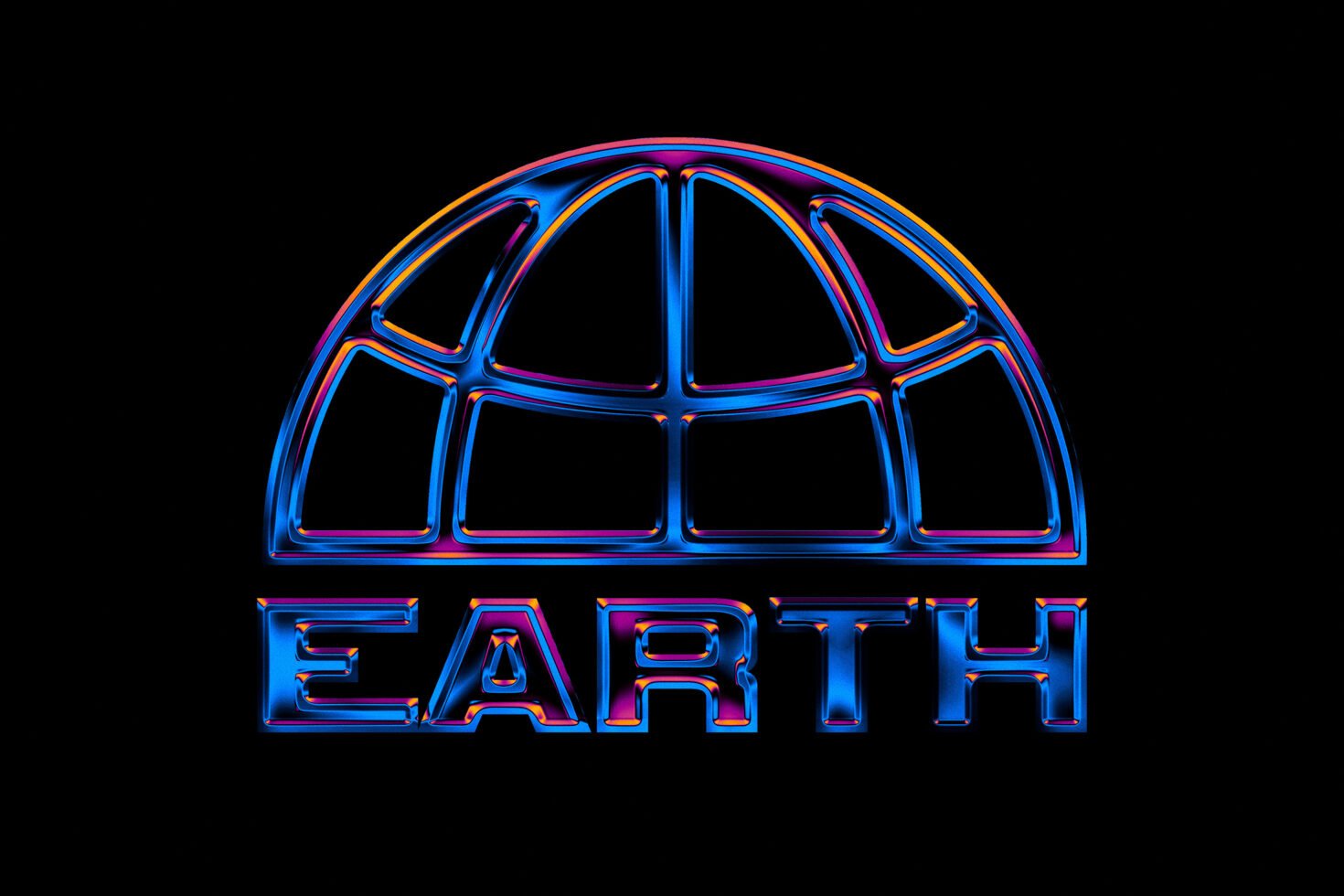 Futuristic neon Earth design template showing a stylized globe structure above the word Earth in blue and pink hues against a black background.