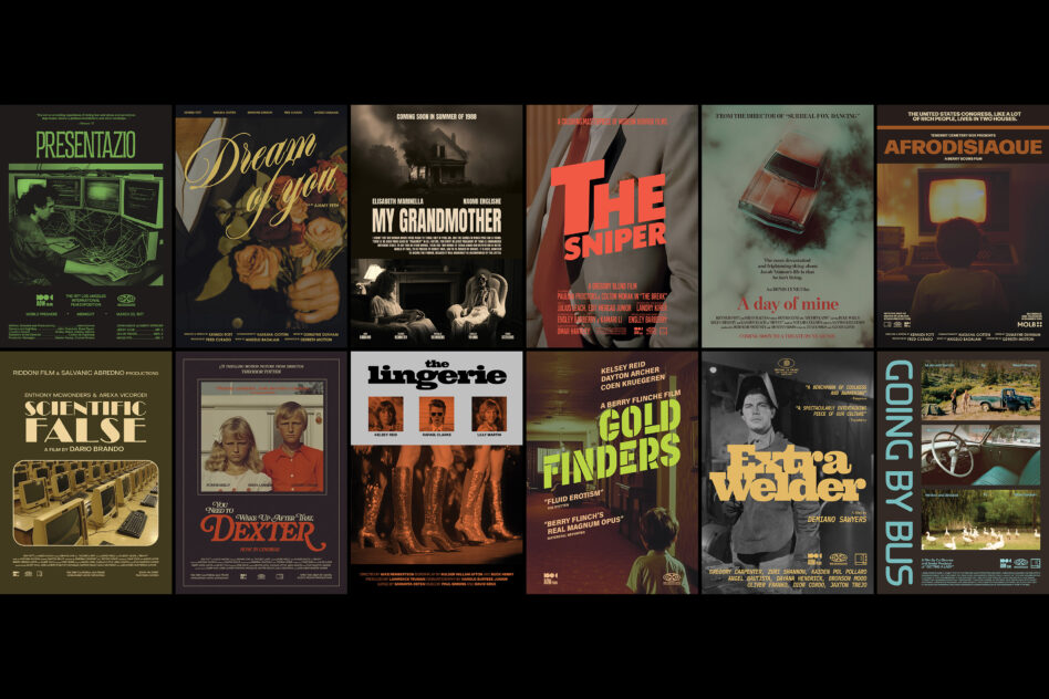 Collage of twelve vintage movie posters with typography and graphic design elements ideal for designers creating mockups or retro templates.