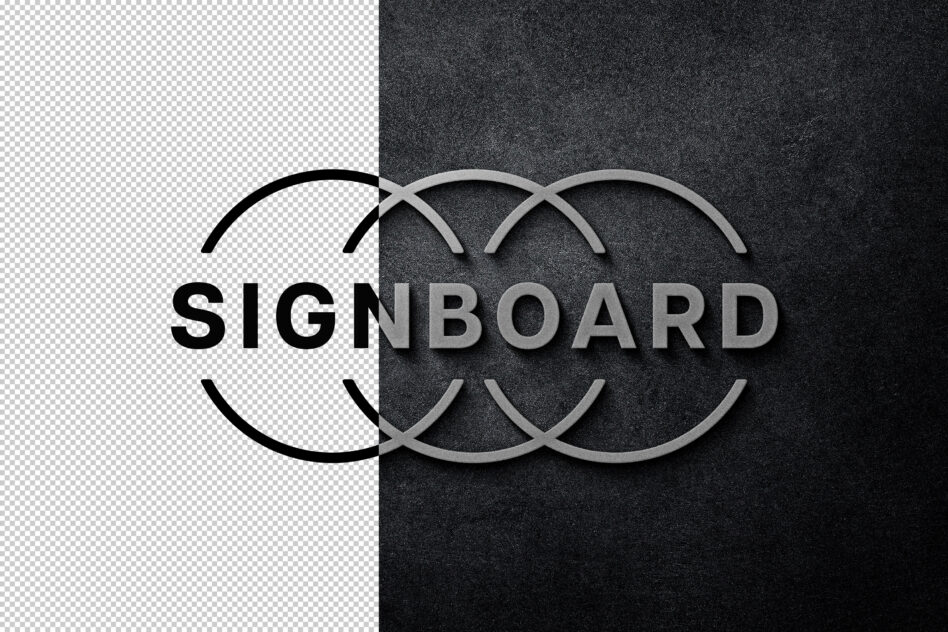 3D signboard mockup split between transparent left side, dark textured right with overlapping arcs