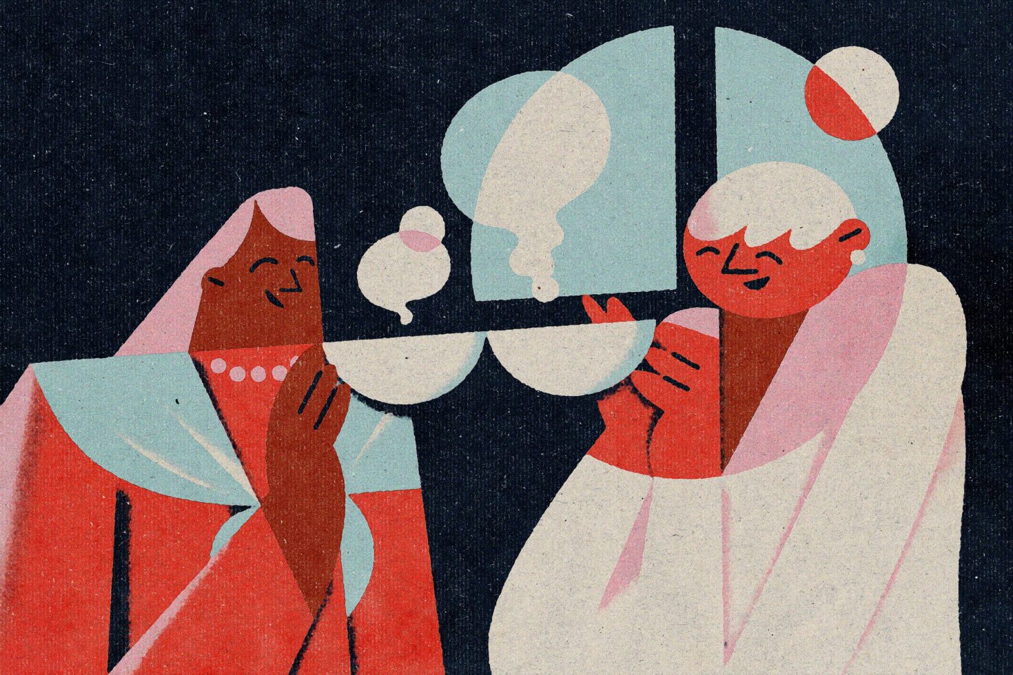 Abstract illustration of two people with speech bubbles over dark textured background ideal for graphic design inspiration and creative projects.