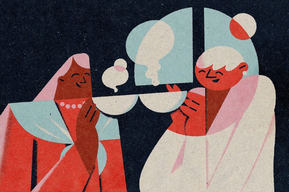 Abstract illustration of two people with speech bubbles over dark textured background ideal for graphic design inspiration and creative projects.