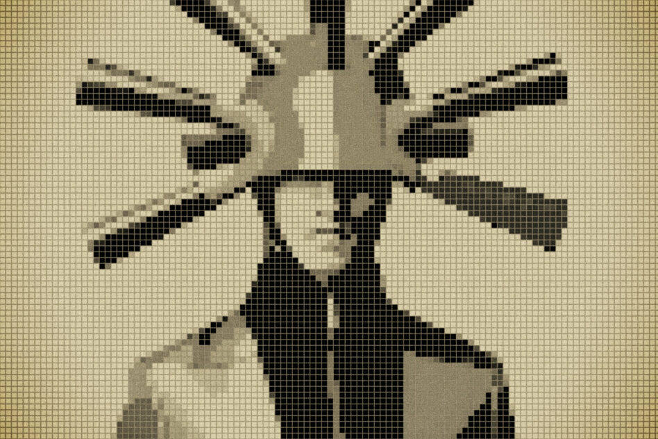 Retro pixel art graphic of a person wearing an avant-garde helmet with fan-like extensions perfect for designers interested in vintage digital assets