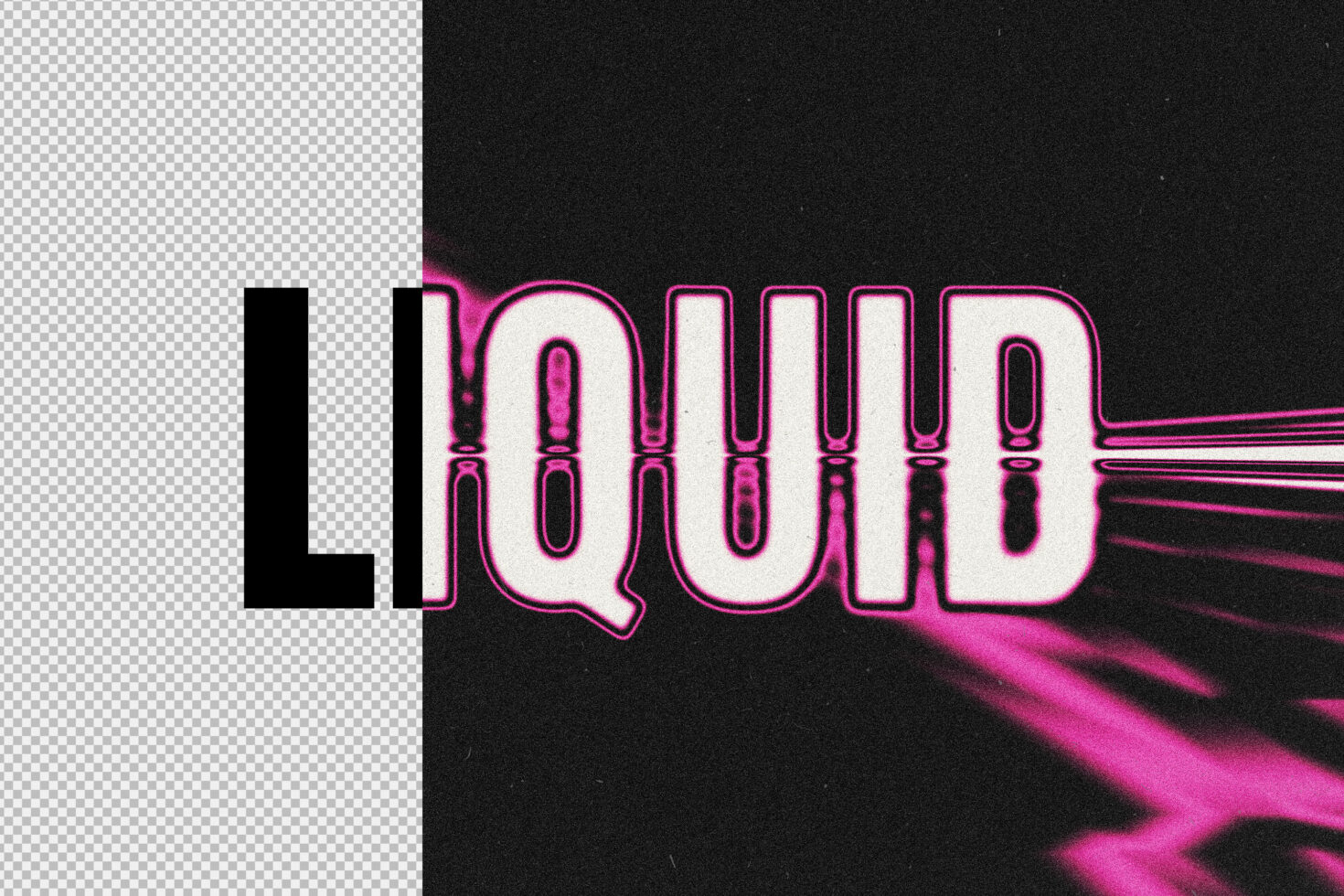 Liquid text effect with pink neon glow and reflection on black background ideal for graphic design mockups and typography projects.