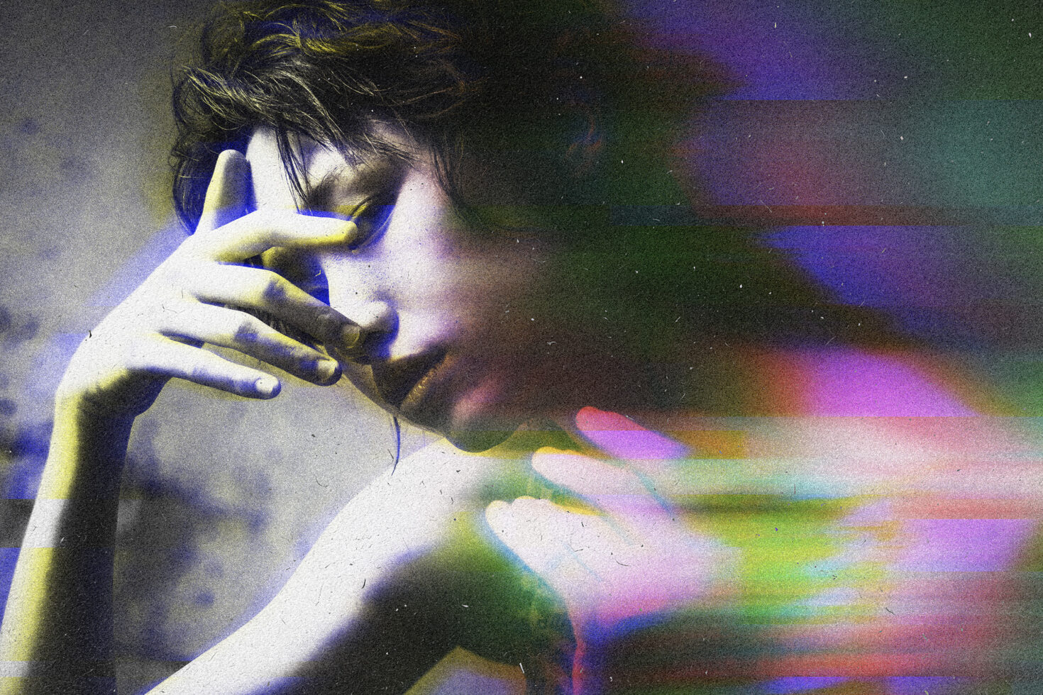Colorful abstract portrait with glitch effect featuring a person in close-up artistic photography digital art for designer assets creative graphics.