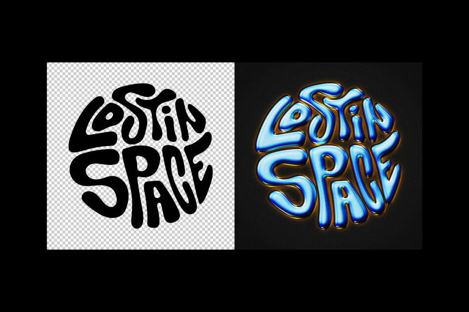 Retro style text design Lost in Space with black and gradient blue versions on transparent and dark backgrounds. Suitable for graphic templates and mockups.