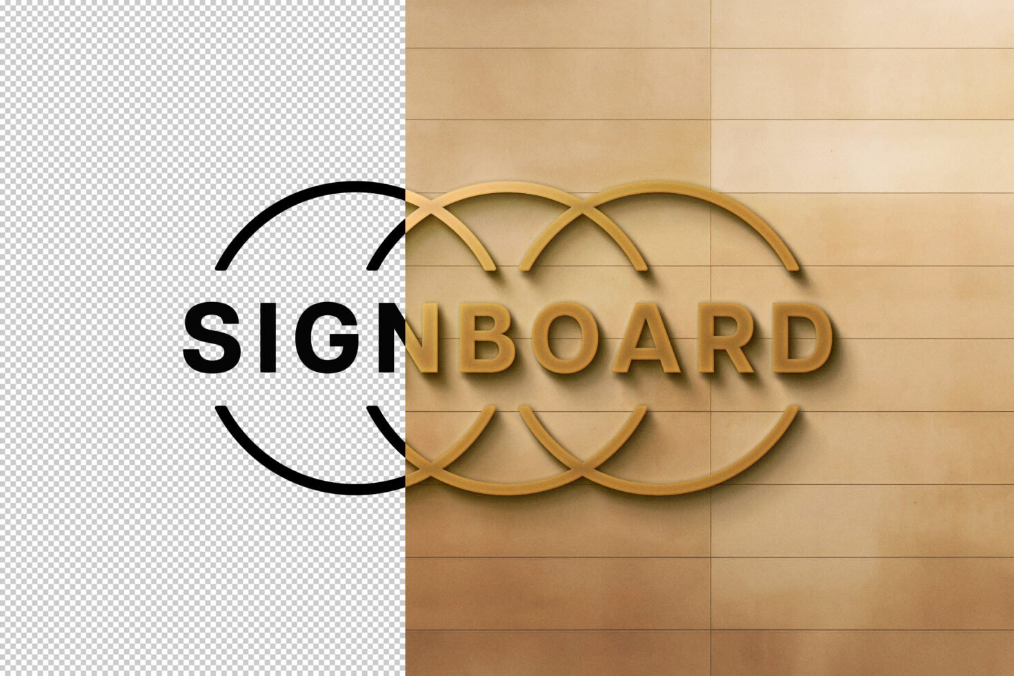 Signboard template mockup showcasing golden 3D text on a wood panel background with transparent half. Ideal for designers branding graphic projects.