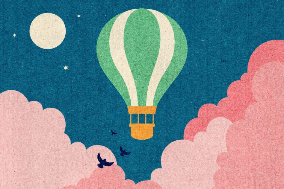 Green hot air balloon floating through clouds with moon stars birds
