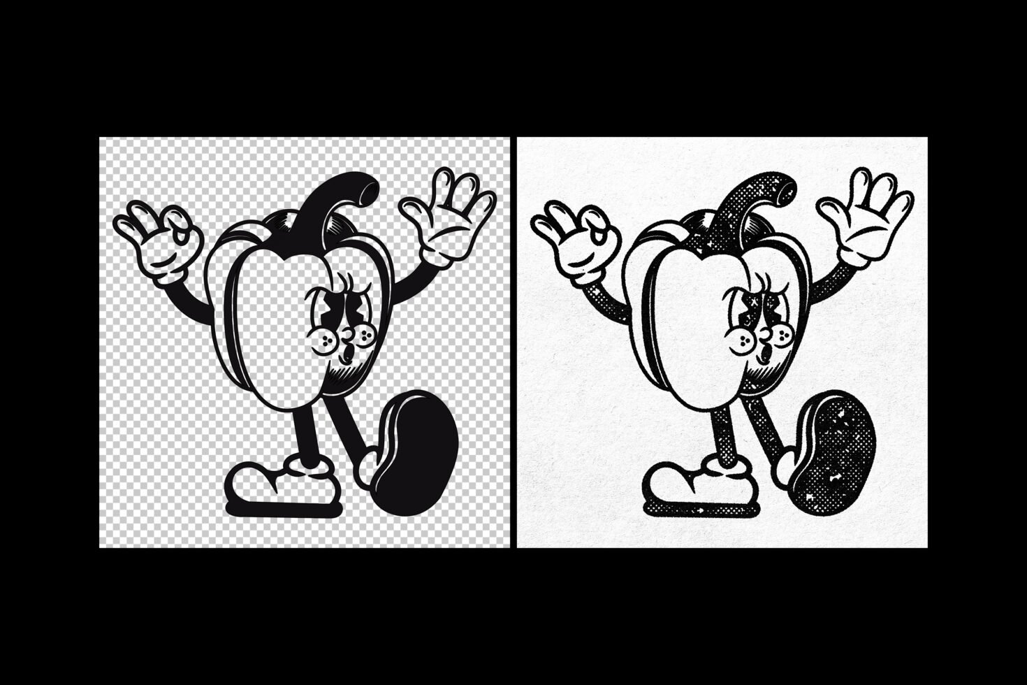 Vintage cartoon pepper character outline in two styles front view. Ideal for retro graphics, illustrations, design projects. Character design asset.