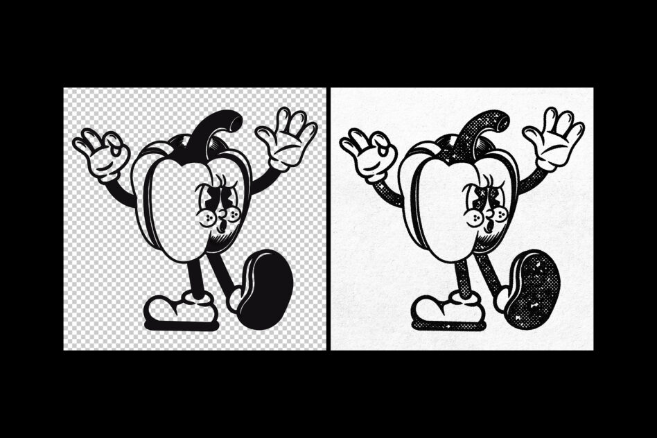 Retro black pepper character with arms up in celebration shown two ways