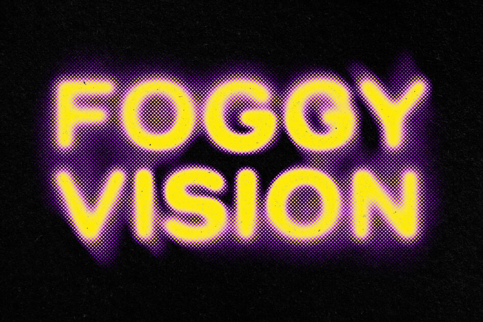 Foggy vision yellow neon text with purple halftone glow effect