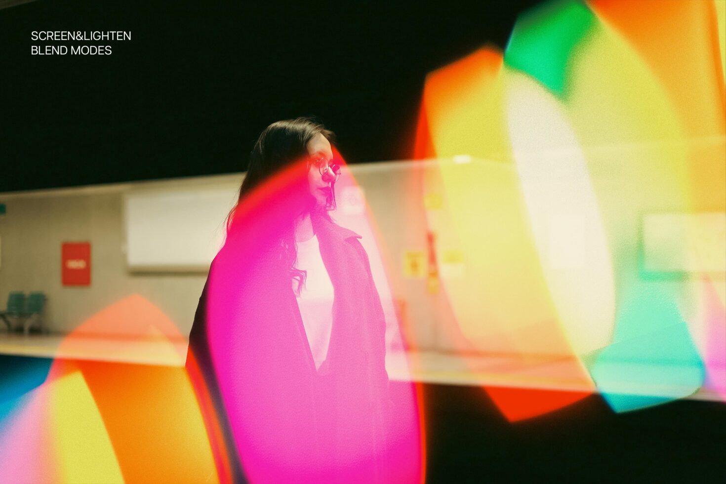Colorful light leaks over person in urban setting; ideal for graphic design, mockups, overlays; vibrant, abstract, creative digital asset for designers.