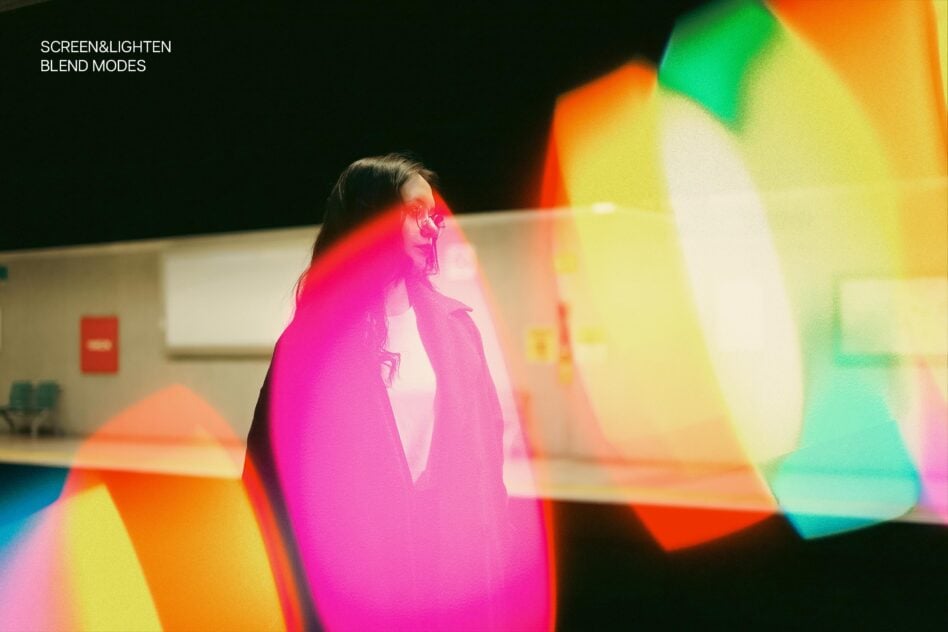 Person in interior with magenta, yellow green light overlays on body