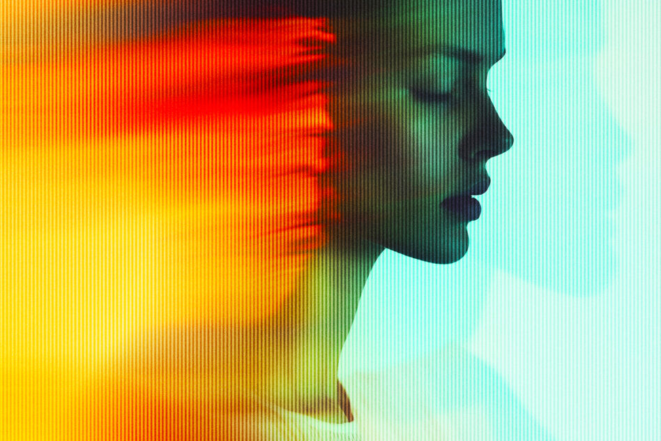 Profile silhouette layered with gradient rainbow colors, vertical line texture