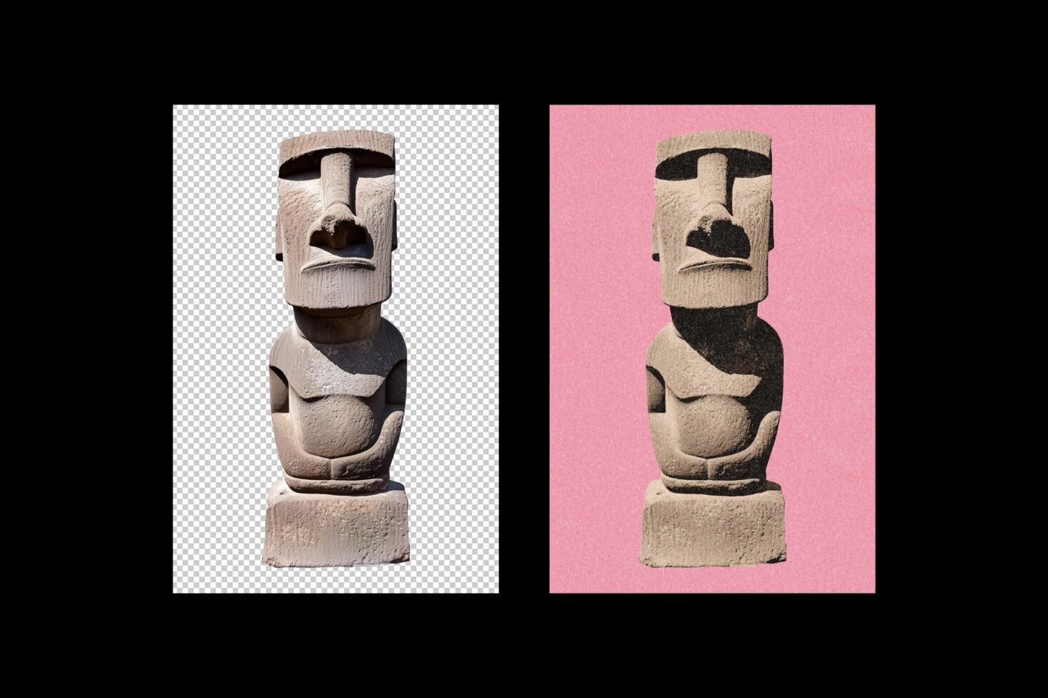 Stone statue graphic on transparent and pink backgrounds, ideal for design projects. Use in mockups, graphics, templates. Ancient art textured effect.