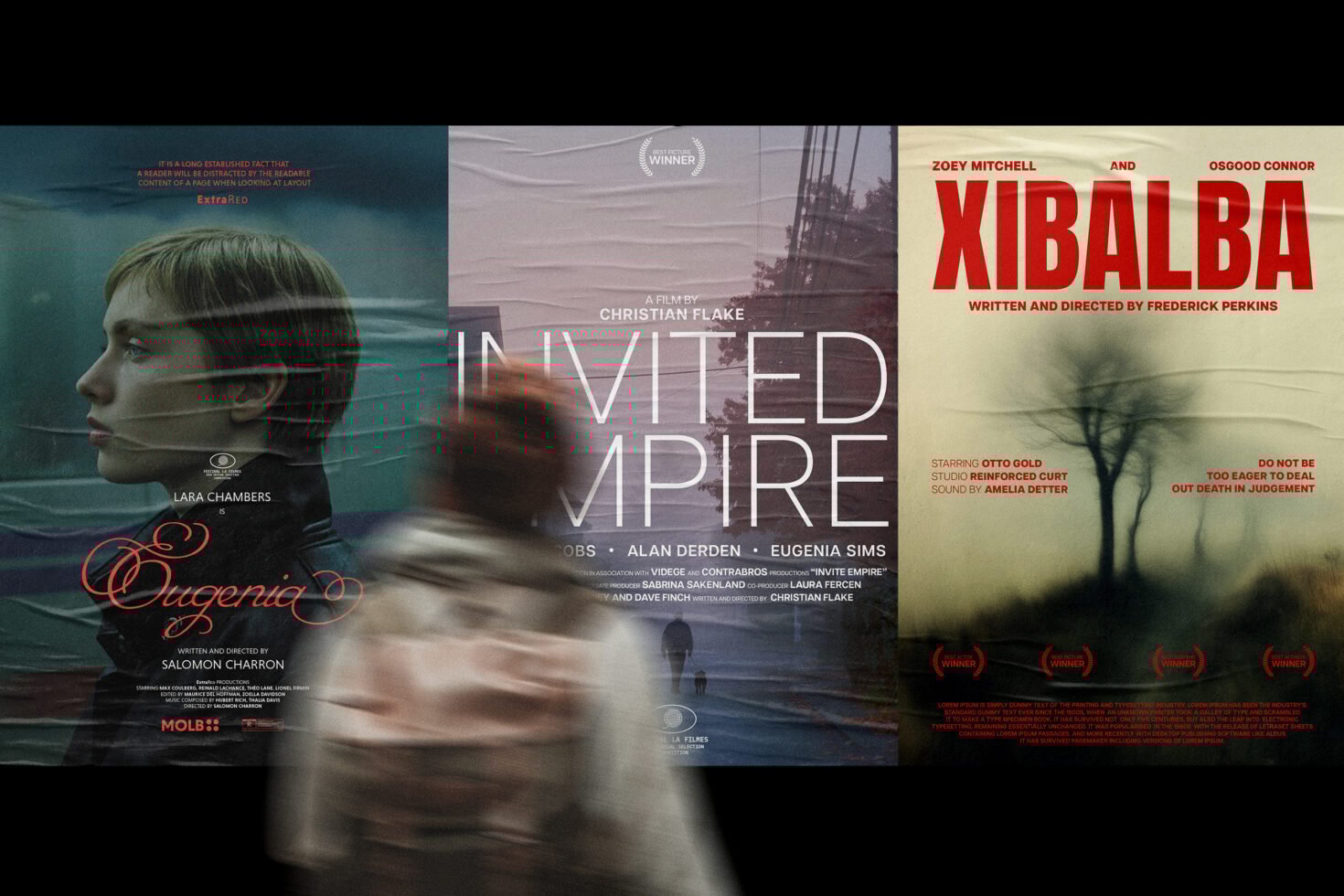 Three movie poster mockups displayed side by side with blurred figure in foreground. Posters feature creative typography and film themes.