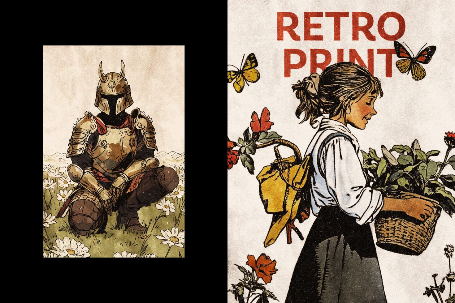Vintage-style illustrations knight in armor among daisies retro print of girl with flowers butterflies digital art graphics for designers Mockups Templates
