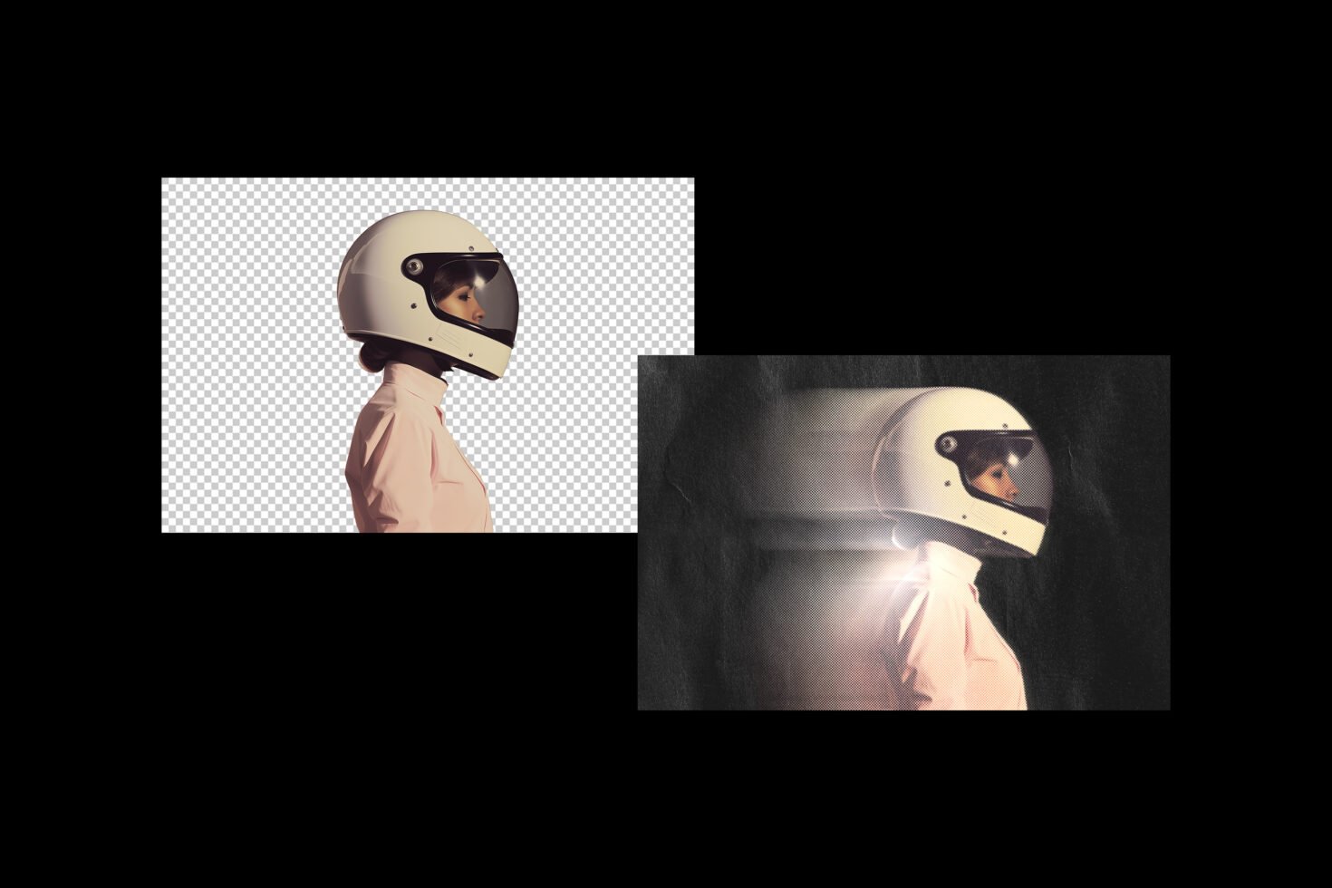 Side view of a biker woman in a helmet with a transparent and textured background; ideal for graphic design, mockups, templates, digital assets.
