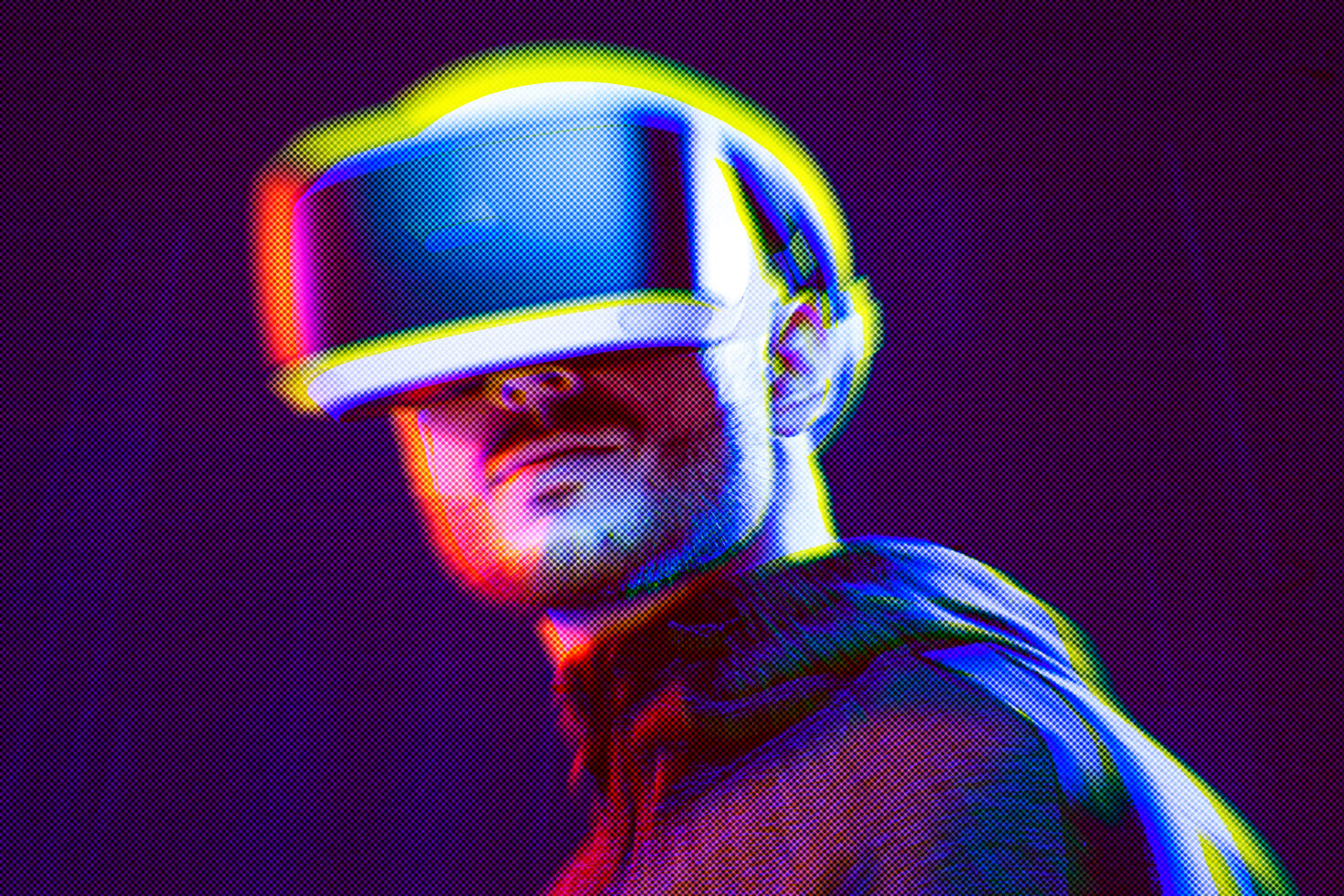 Retro futuristic design featuring person with VR headset neon colors halftone effect digital art perfect for tech graphics design projects mockups