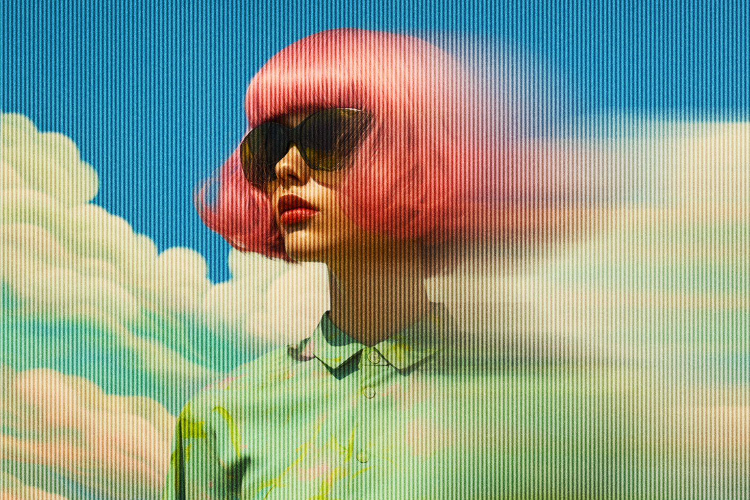 Retro digital artwork of woman with pink hair and sunglasses in vibrant colors against a textured sky background digital art graphic design asset