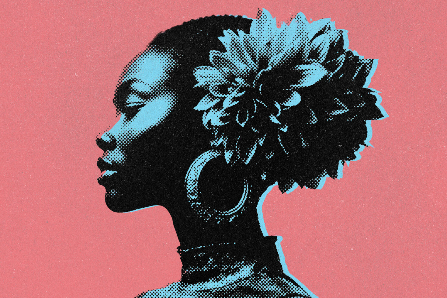 Pop art profile illustration of a woman with floral hair accessory in halftone style on a pink background ideal for graphic designers and template creators.