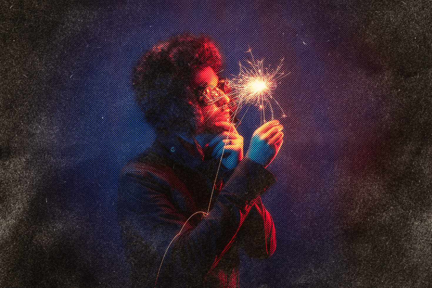 Retro-styled portrait of a person holding a sparkler with vibrant lighting for graphics and design projects, perfect for creative and digital assets.