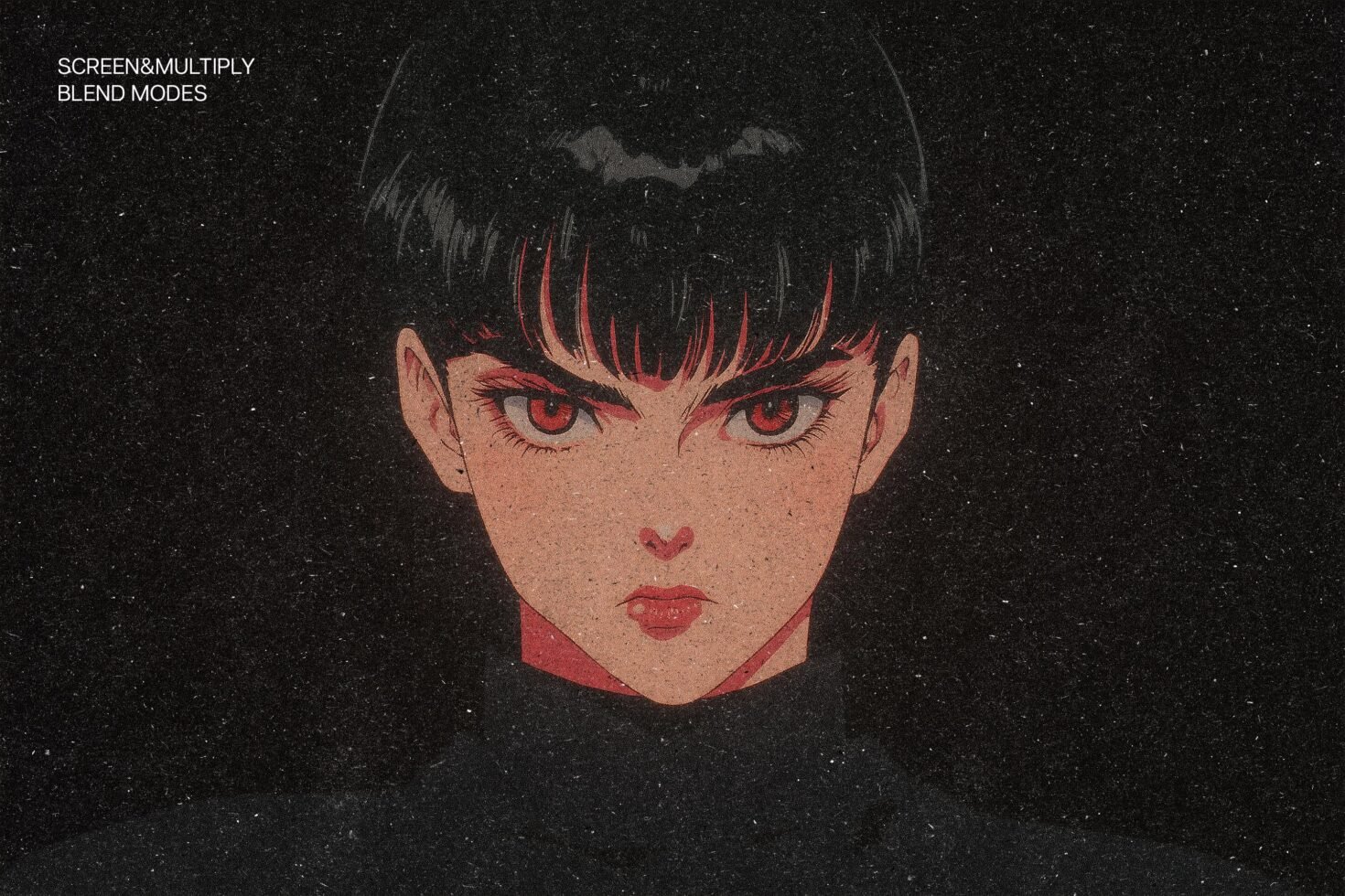 Anime-style illustration of a serious character with red eyes against a dark textured background. Keywords: anime, illustration, graphic, designer asset.