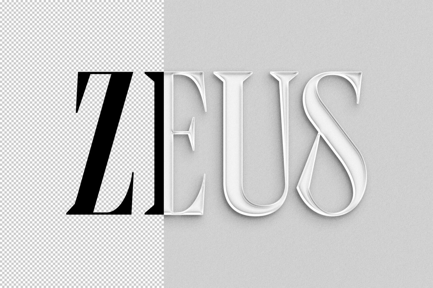 Elegant bold font design spelling ZEUS on a split background. Perfect for graphic designers seeking stylish typography assets and templates for branding.