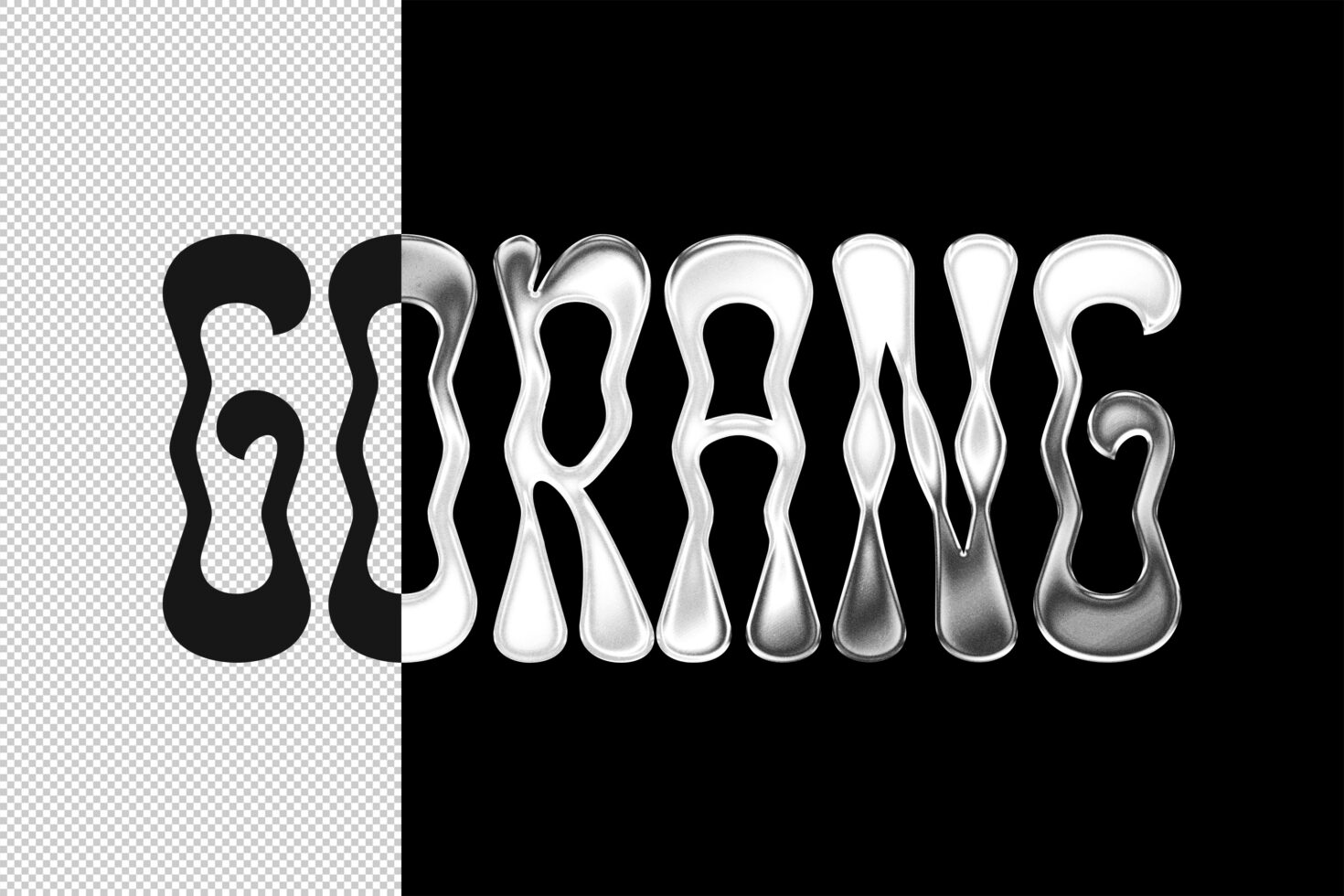 Melted liquid chrome font design on transparent and black background abstract typography digital asset for designers creative graphic template