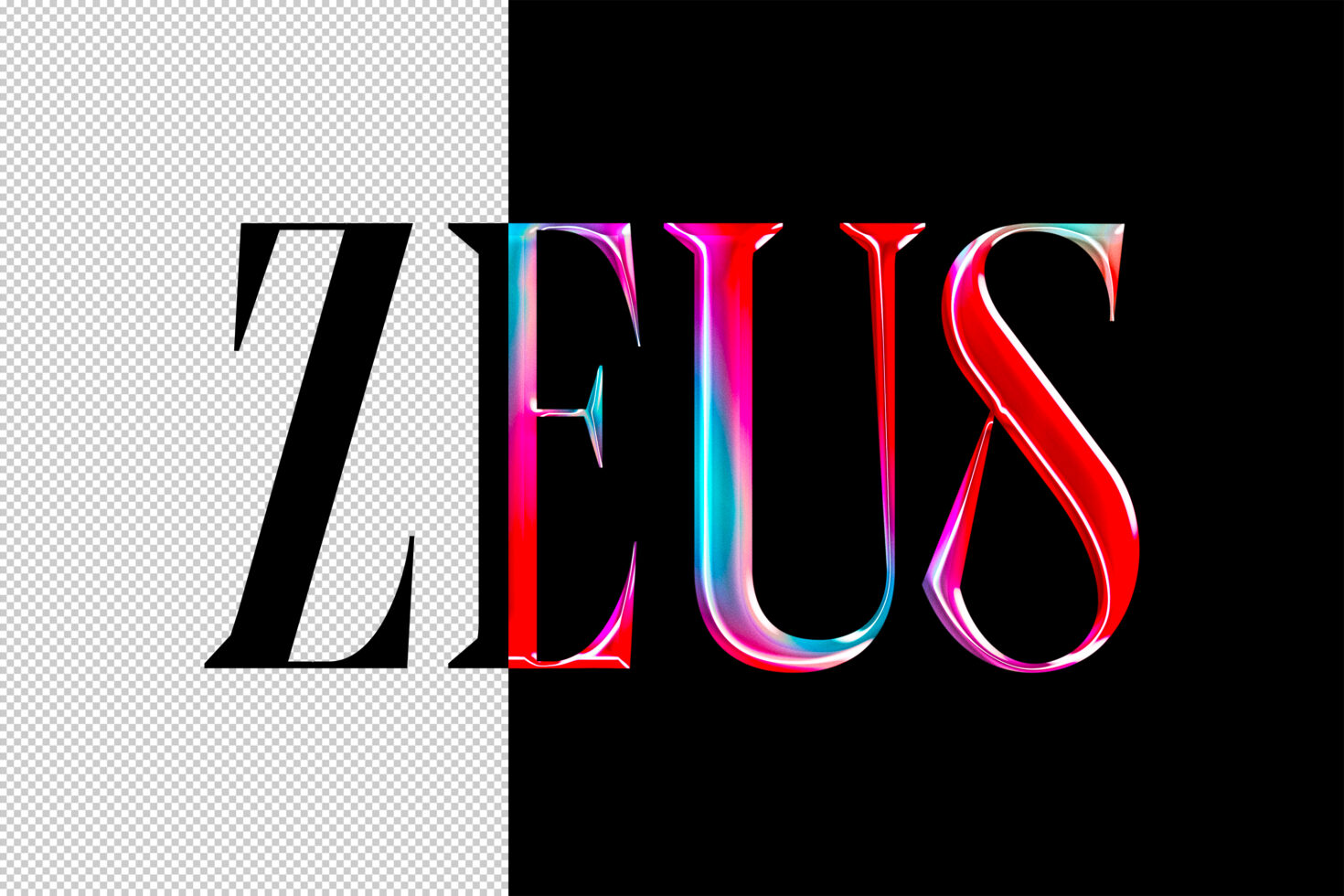 Colorful decorative text mockup with ZEUS letters in vibrant 3D style on a transparent and black split background. Ideal for creative typography design.