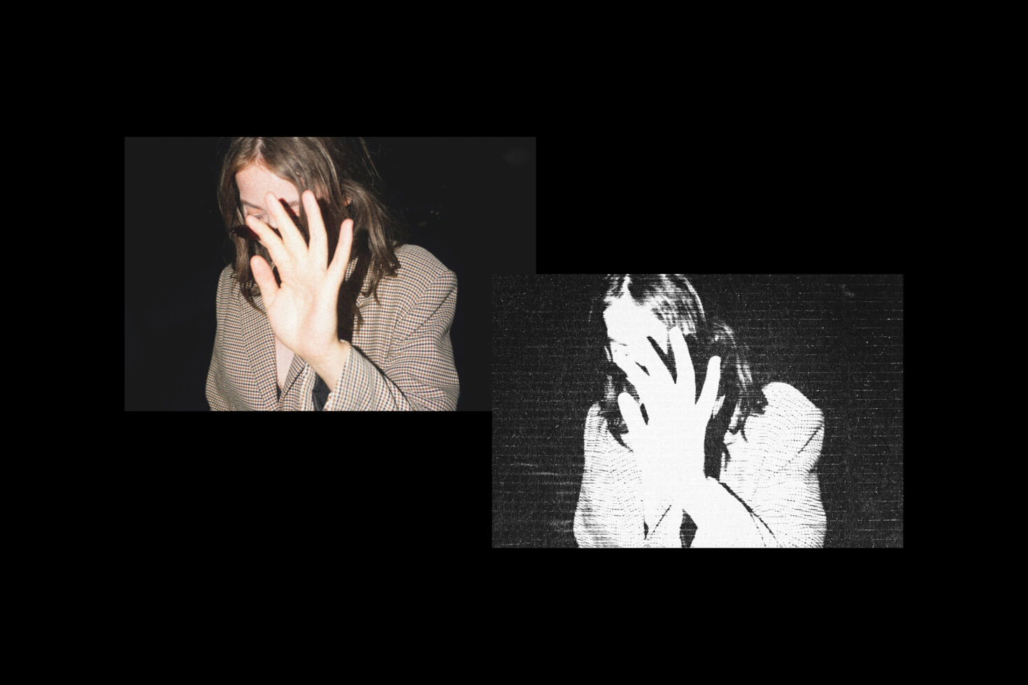 Two images of a person with long hair covering face with hand in vintage checkered suit. One photo is in color and the other in black and white sketch style.