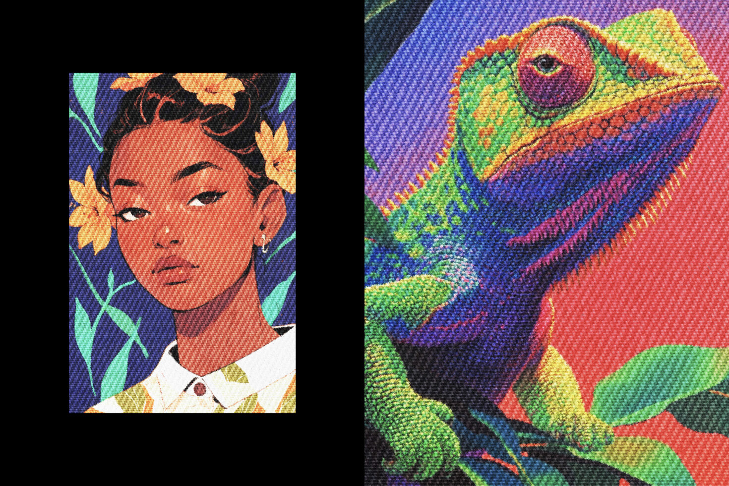 Colorful illustration divided in two: a woman with yellow flowers on the left and a vibrant chameleon on the right. Perfect for graphic design projects.