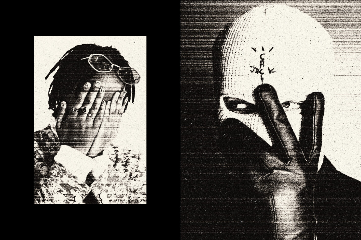 Grunge-style digital art featuring two figures in monochrome. Left: person covers face with hands, right: masked person with glove. Graphic design asset.