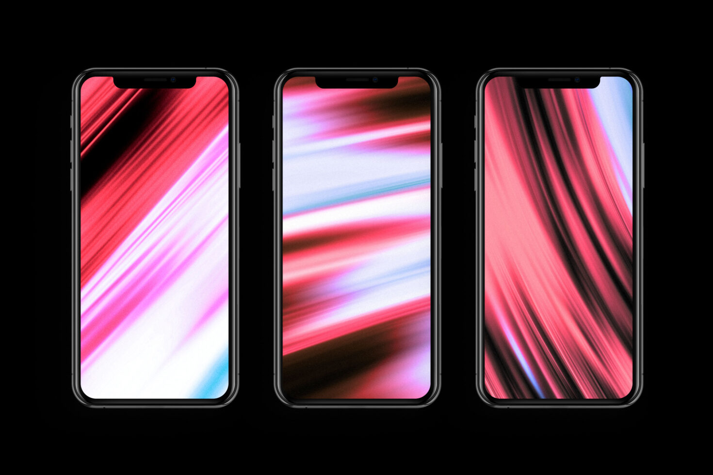 Triple smartphone mockup showcasing abstract pink and black light wave backgrounds on screens perfect for designers seeking modern tech visuals