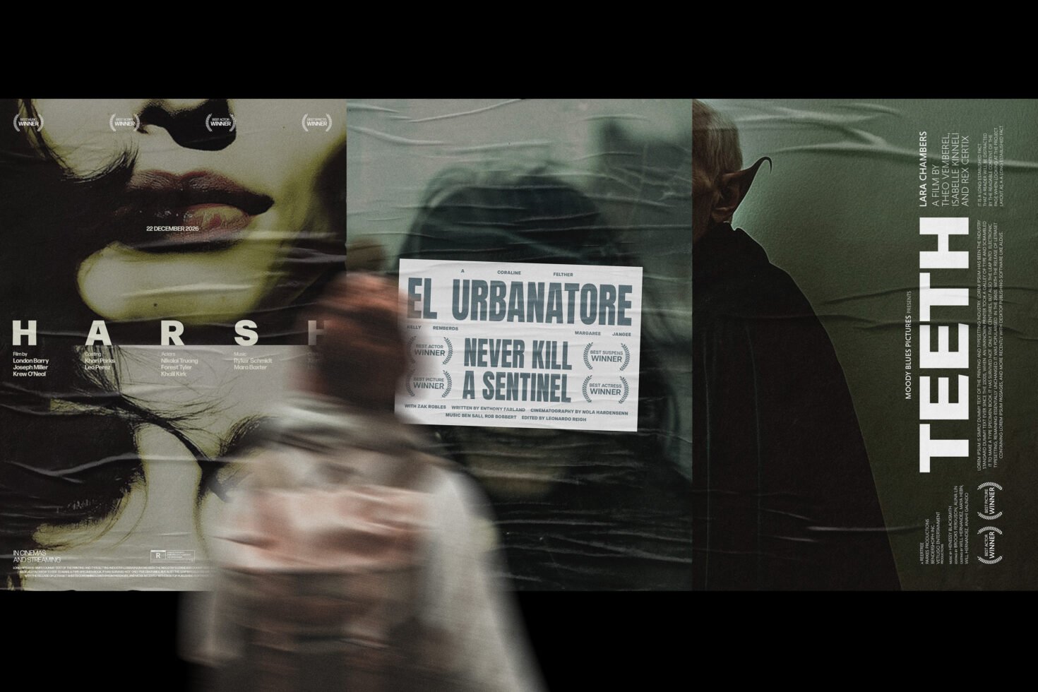 Blurred person passes film posters on urban wall. Keywords: mockup, movie posters, urban, design asset, typography, graphics, templates, designers.
