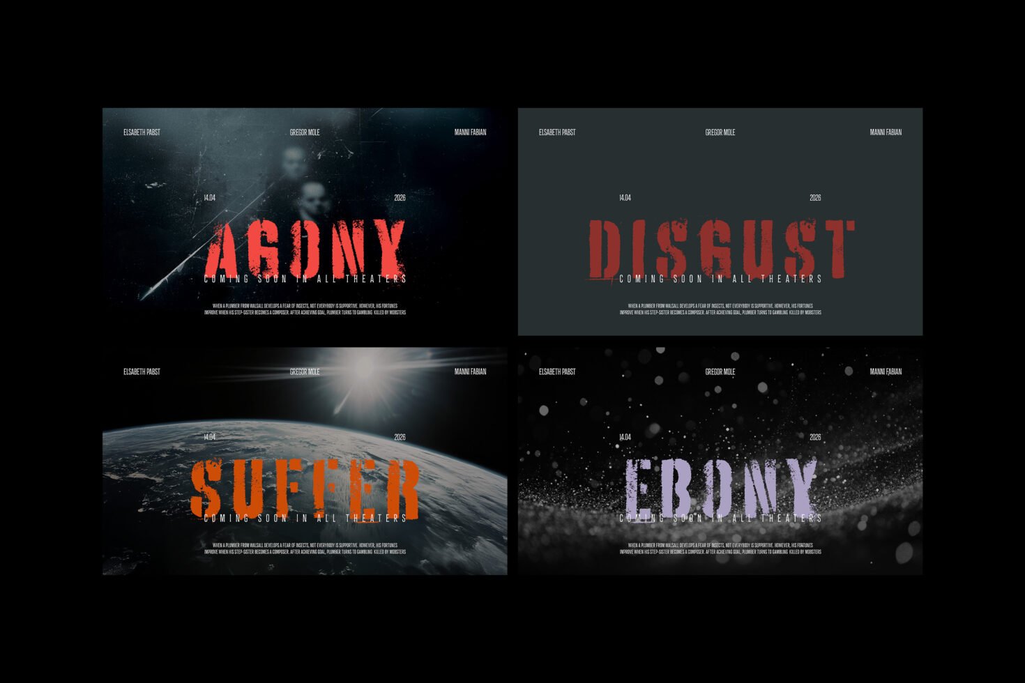 Movie poster collection featuring bold textured fonts and dramatic backgrounds. Ideal for designers looking for creative graphics and typography templates.