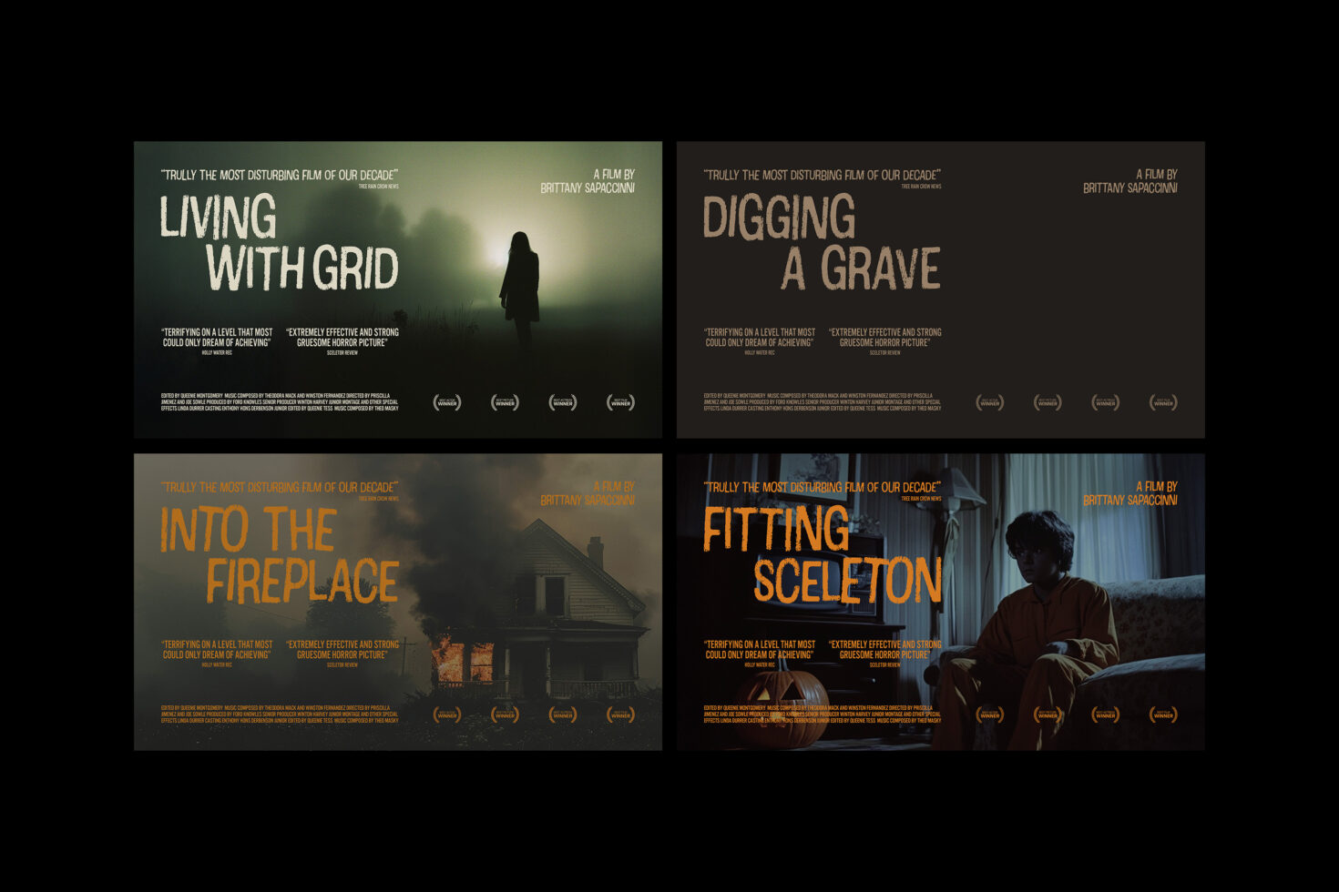 Four horror movie posters showcasing eerie designs and bold fonts. Keywords: horror, movie posters, graphics, design assets, templates, typography.