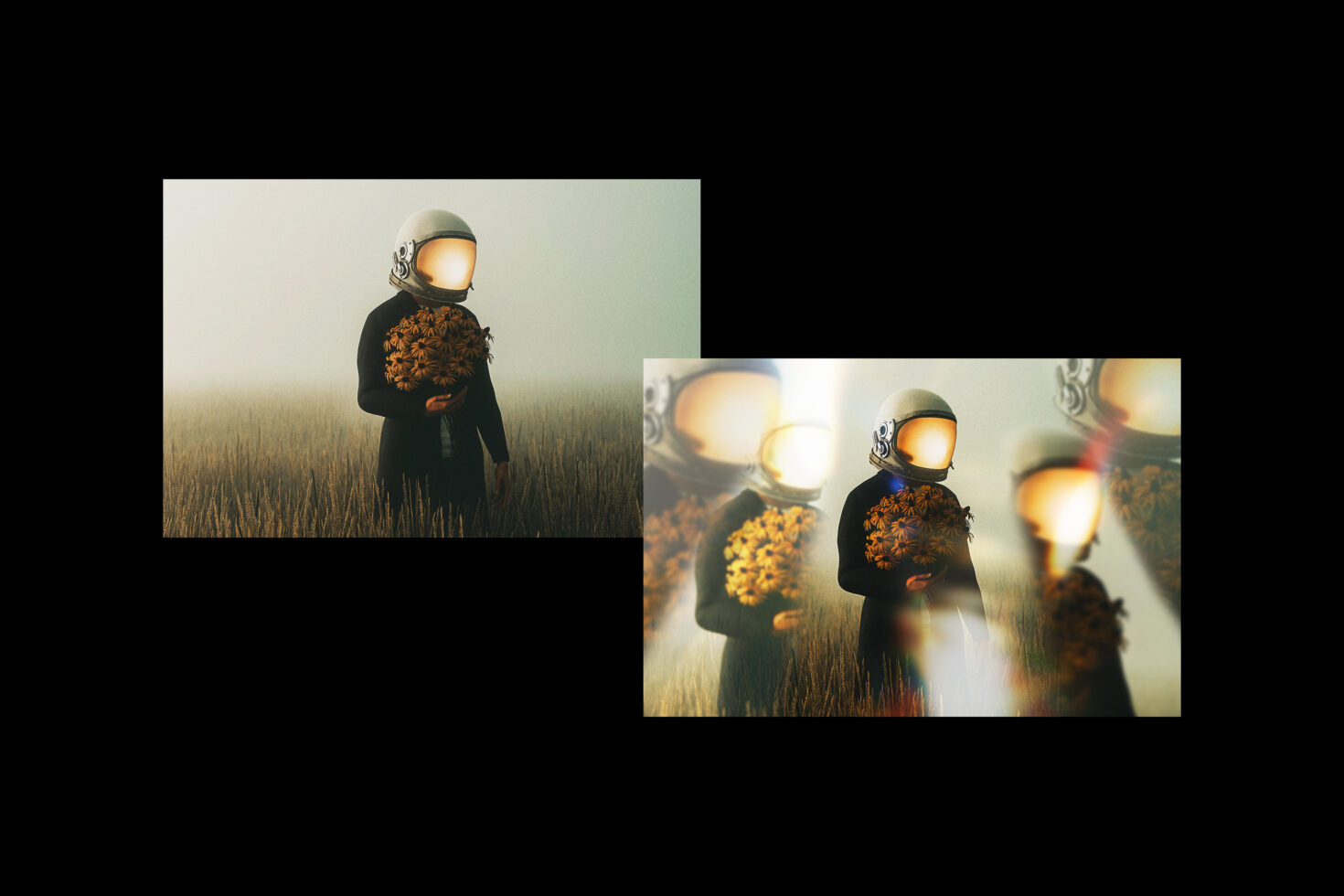 Astronaut holding flowers in field, digital art concept with surreal vibe, suitable for graphics, mockups, or design templates. Space and nature fusion.