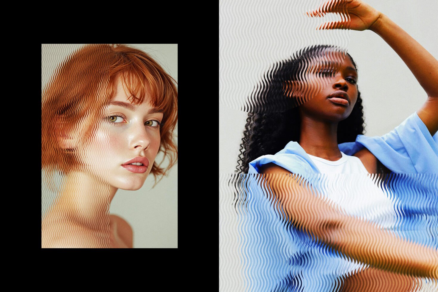 Digital art collage showcasing diverse women with wave distortion effect, ideal for graphic design projects, photo manipulations, and creative mockups.